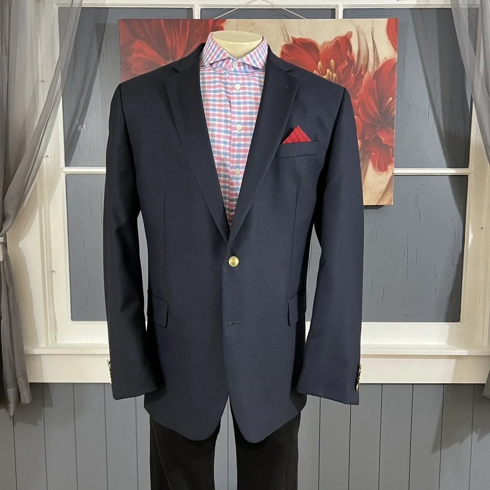 Stafford Blazer Mens 48L Long Wool Golden Buttons Navy Suit Jacket Sport Coat
